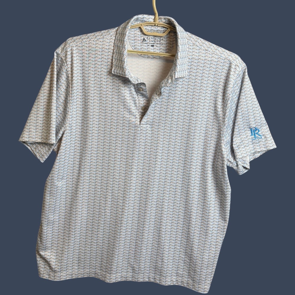 Bermuda Sands Blue Fish Print Performance Golf Polo Shirt PR Golf Club Sz XL
